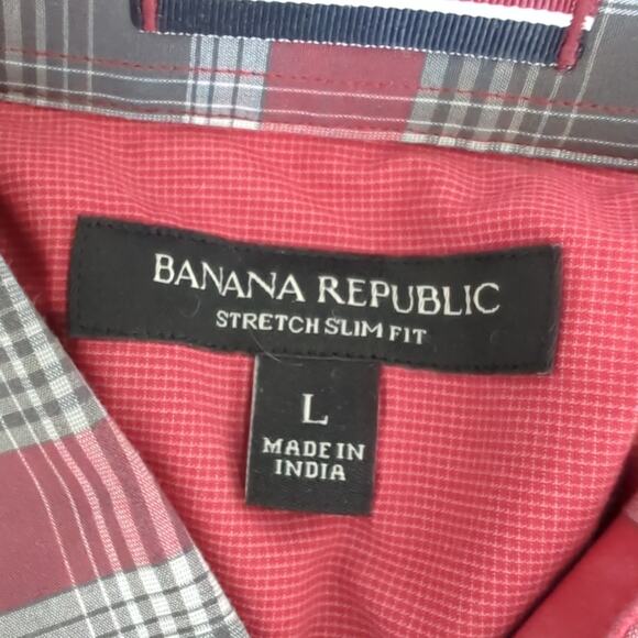 Banana Republic Mens Button Up Shirt Red Gray Plaid Long Sleeve Slim Fit Large - Picture 2 of 7